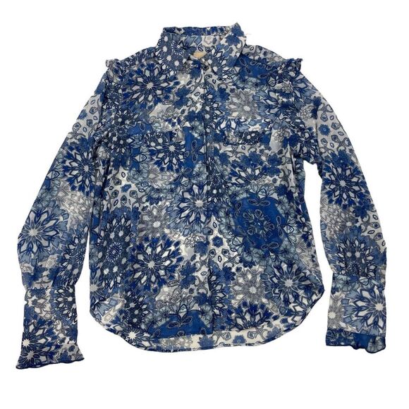 Elie. Tahari Sheer Button Blouse Blue Spanish Tile Ruffles L/S Flounce Floral XS
